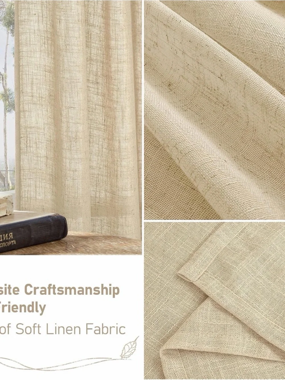 Natural Linen Blended Curtains 2 Panels Semi Sheer Light Filtering 52 x 120 Inch
